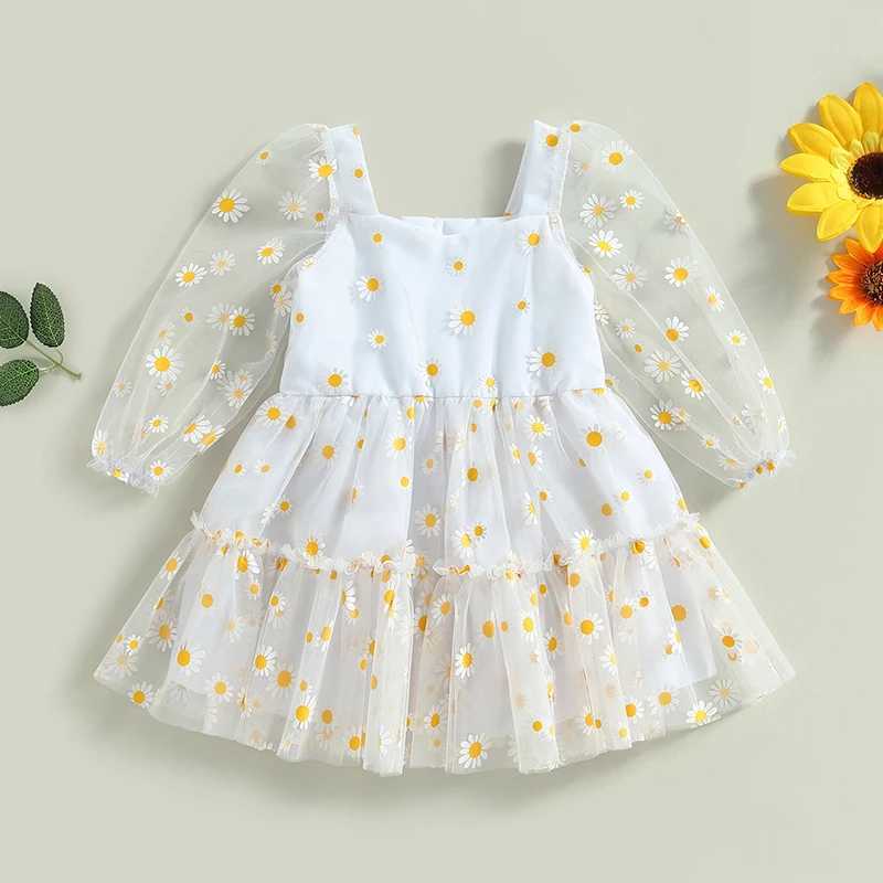 Preschool girl princess Tutu A-Line dress daisy print long sleeved pleated mesh chiffon dressW240720