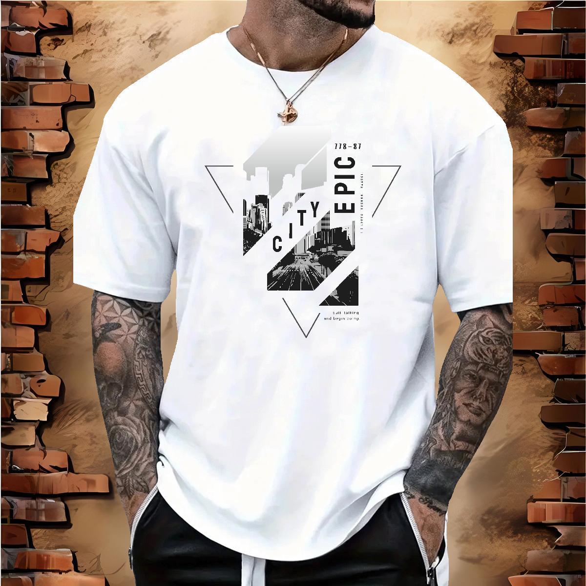 Fashion New Man T Shirts 230g Cotton Tall buildings, streets Hip Hop Tops Breathable Crew Neck High Quality Men Clothes T-Shirt Custom Cartoon