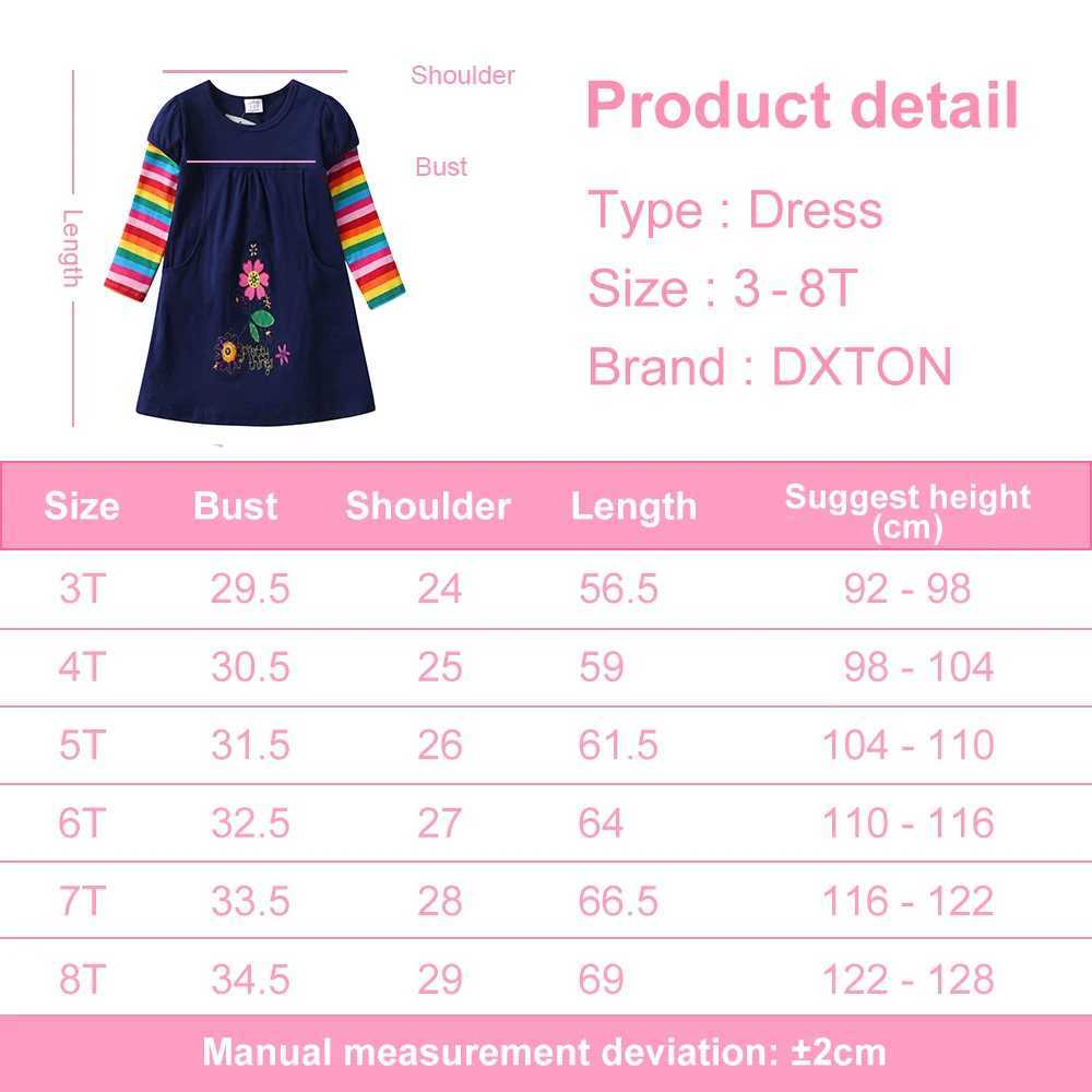 DXTON girls floral embroidered dress childrens floral dress pocket girls rainbow striped cotton casual daily dress childrens clothingW240720