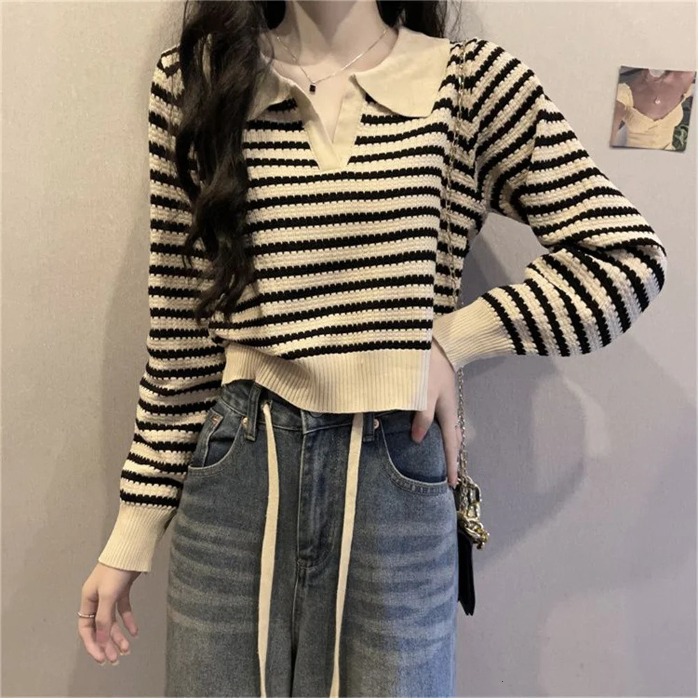 Autumn sweater knitted polo T-shirt womens loose casual polo collar long sleeved bottom striped top womens clothing y2k 240827