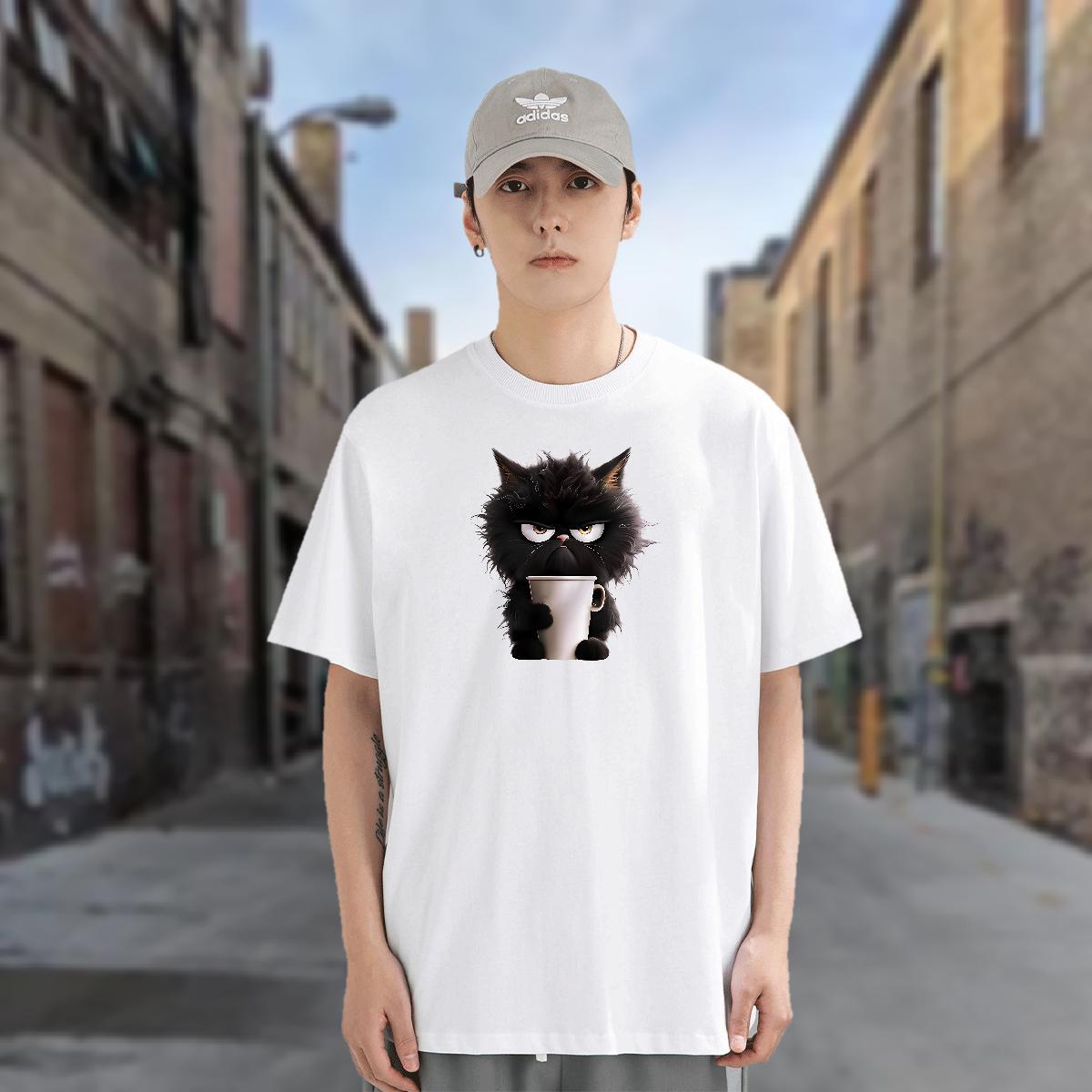 T shirt 230g Cotton cat Daily Wear Breathable Crew Neck Black Oversized Men Tops Tees 2024 Summer Wholesale Clothes