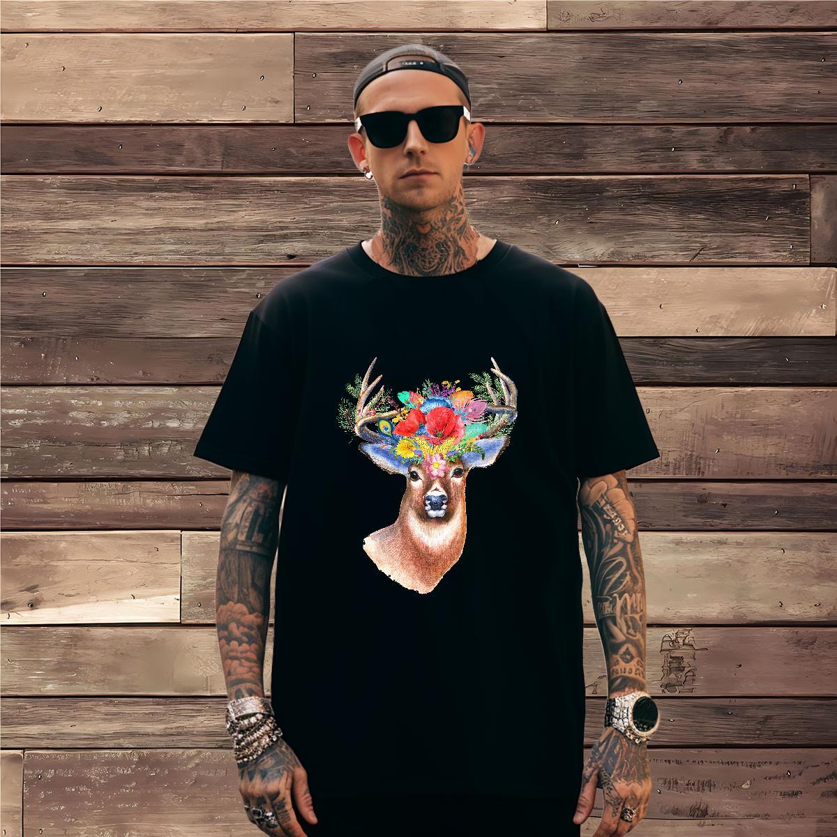T-Shirts 230g 100% Cotton Deer Street wear Hip Hop Round Neck Short Sleeve Cartoon Print Men Tshirts Brand Loose Top Tees