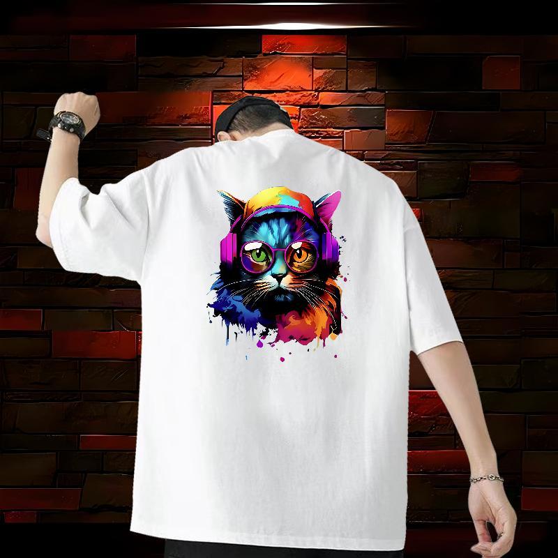 New Arrival T shirt 230g 100% Cotton colorful cat Hip Hop Tops Short Sleeve O-Neck Loose Fit Men Tshirts Customized