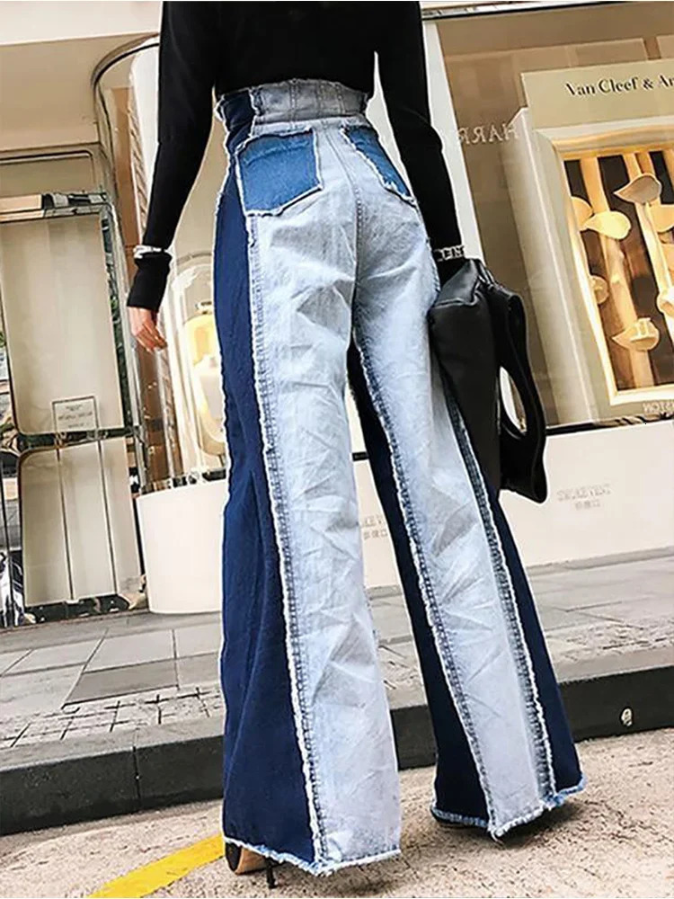 Women High Waist Jeans Patwork Vintage Streetwear Denim Pants Casual Colorblock Patchwork Raw Trim Wide Leg Denim Jeans Trousers 240806