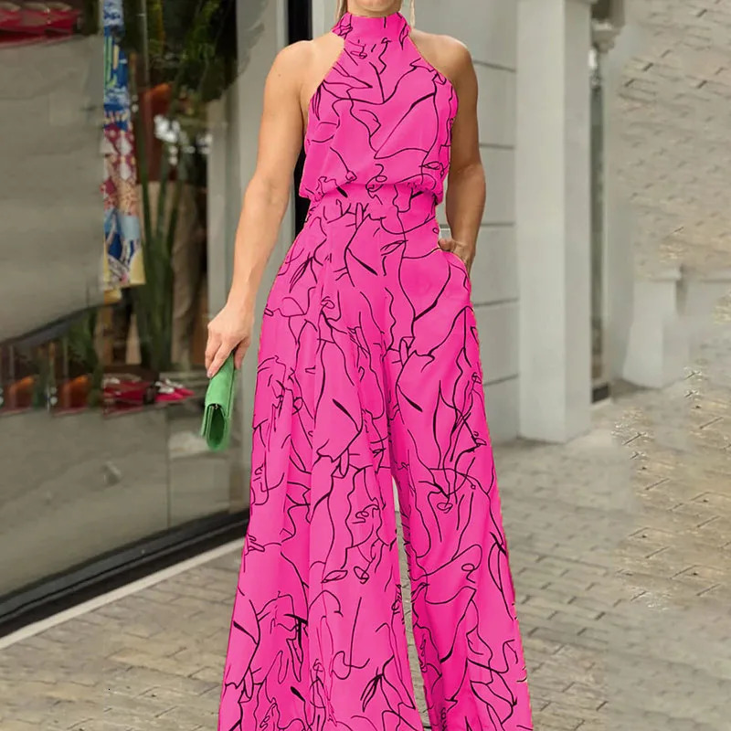 Summer Sexy Halterneck Bodycon Sleeveless High Jumpsuit Women Abstract Print Chic Streetwear Wide Leg Romper Mujer 240806