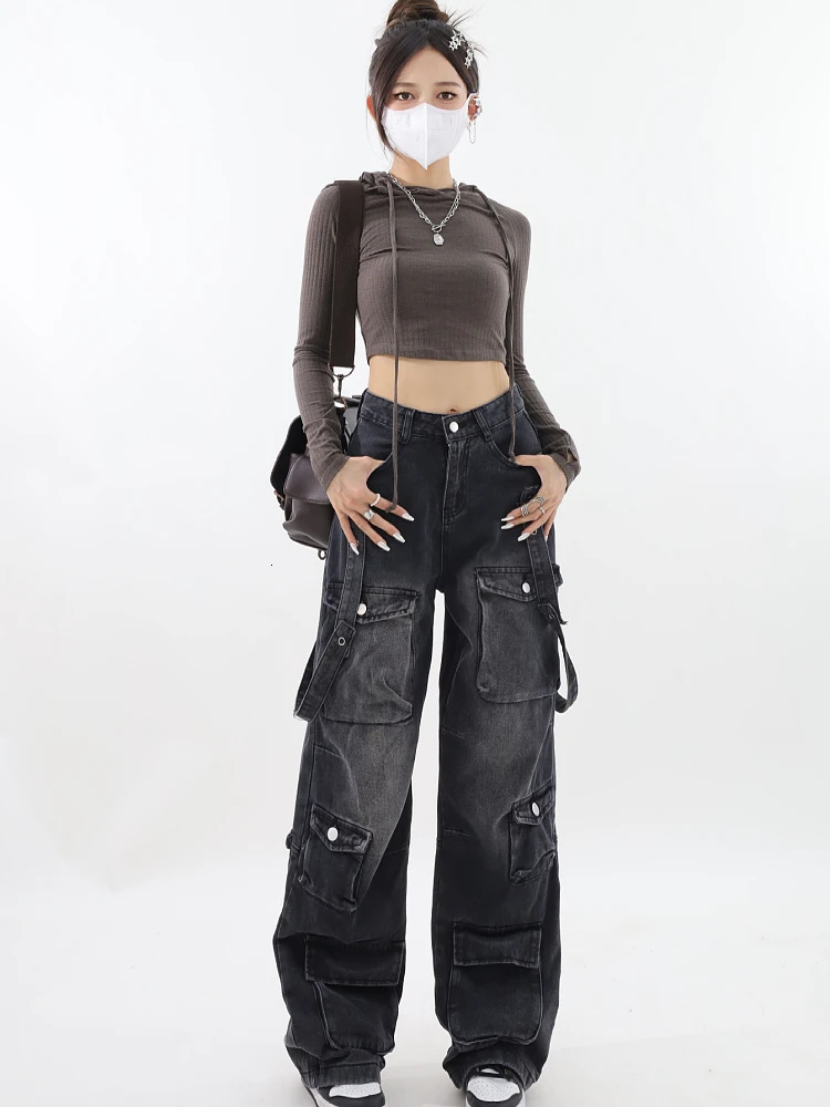 Women Vintage Black Gothic Cargo Jeans Y2k Wide Leg Denim Pants Oversize 2000s High Waist Jeans Korean Baggy Trousers 90s Jeans 240806