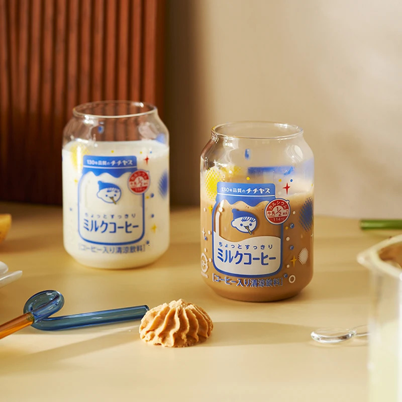 246Pcs Kawai Japanese Cute Yogurt Jun Can Glass Cups Heat-resistant Milk Cups Iced Coffee Water Glasses Mug With StraightStraw 240806