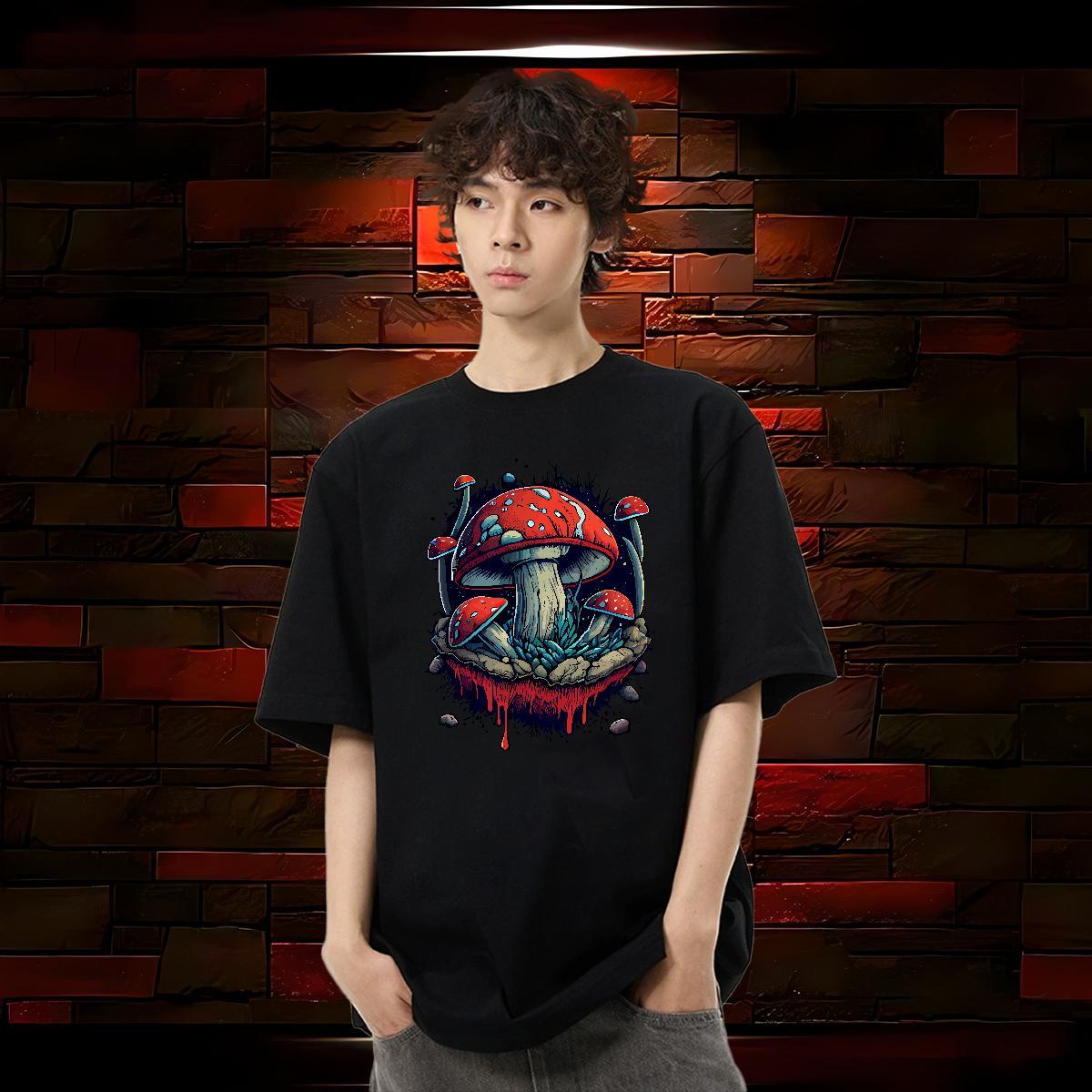 Fashion Casual Man T Shirts 230g Pure Cotton mushroom High Street Hip Hop Tees Shirts Breathable Crew Neck Loose Fit Mens Tshirts DIY Printed