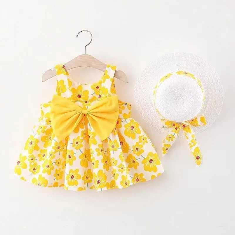 Pink 2-piece/set flower baby dress summer fashion childrens clothing beach princess dress childrens dress+hat 0-3yW240720