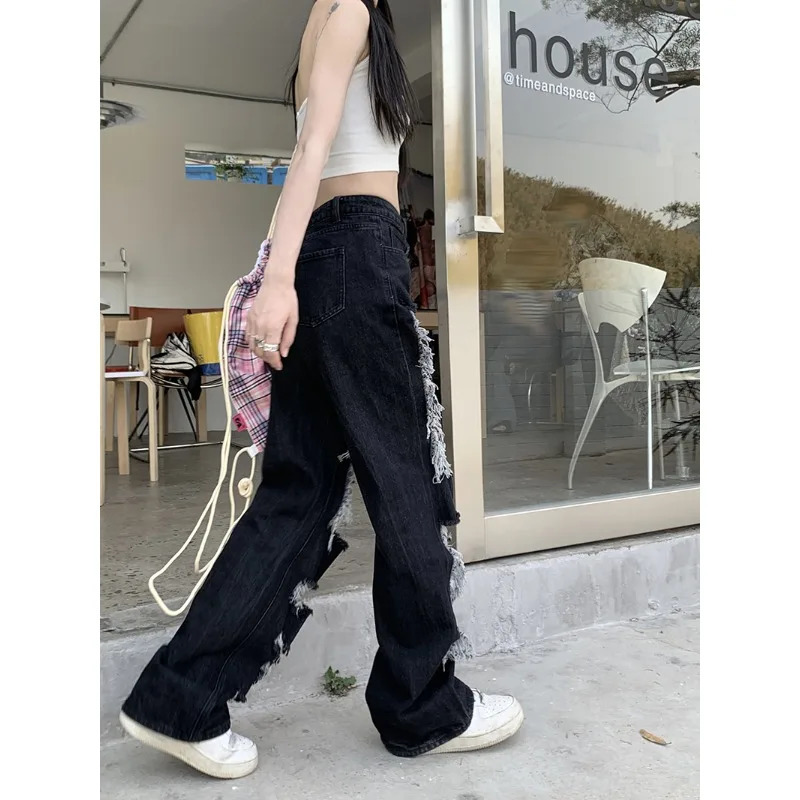Y2k Broken Hole Jeans All-Match Distressed Women High Street Hip Hop High Waist Straight Loose Trousers Washed Mopping Pants 240806