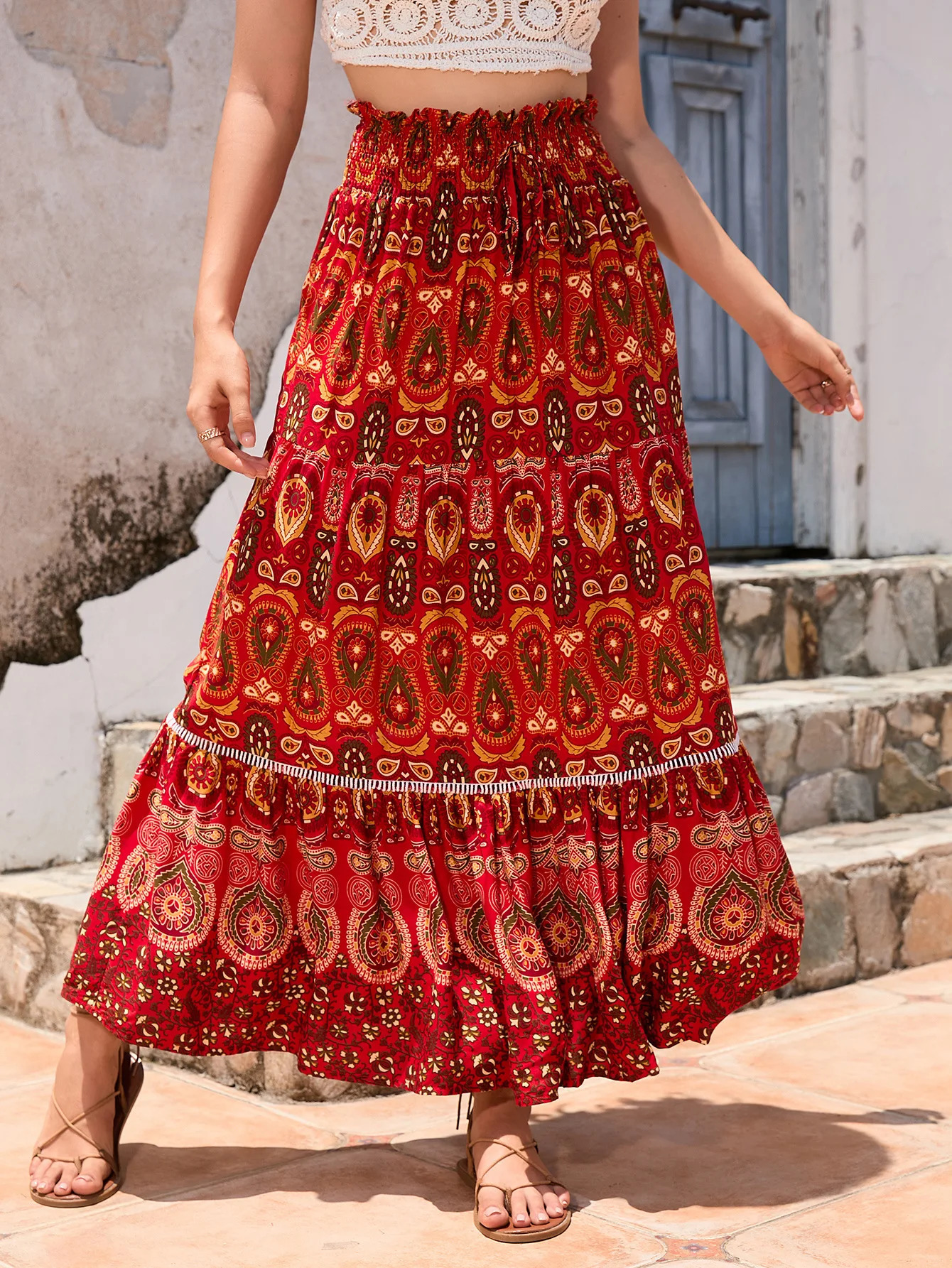 Bohemian Printed Skirt Holiday Women Beach Skirt Travel Long Skirts Ethnic Splicing A-LINE Mid Skirts Womens 240806