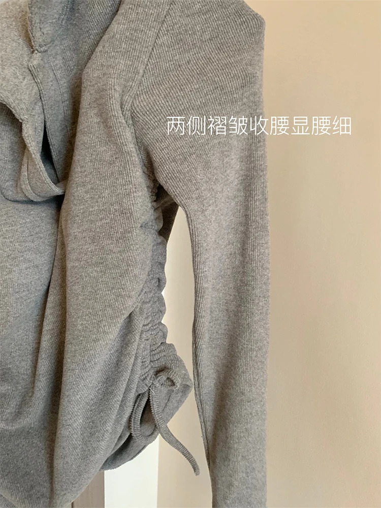 Womens Grey T-shirt Harajuku Korean Y2k T-shirt Top Emo 2000s Retro 90s Retro Long Sleeve Polo Neck T-shirt Clothing 240827