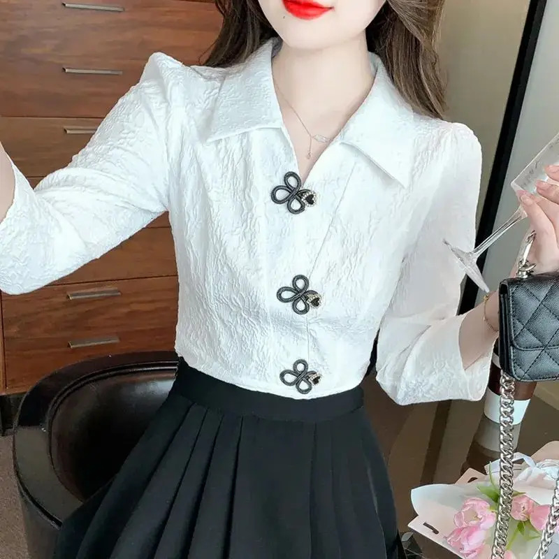 Office Lady Peter Pan Collar Solid Color Pullover Womens Long Sleeve Rivet T-shirt Elegant Spring Autumn Flattering Tops 240806