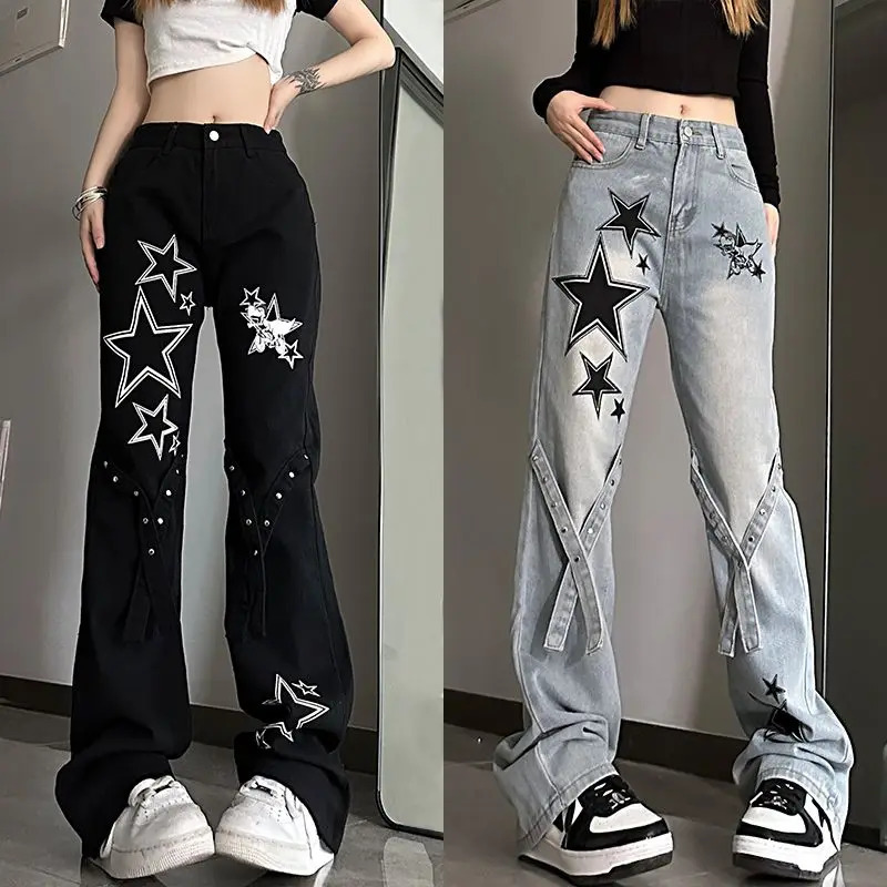 Harajuku Vintage High Waist Jeans Streetwear Women Clothing Y2k Patchwork Stars Prints Wide-leg Pants Casual Cargo Jeans 240806