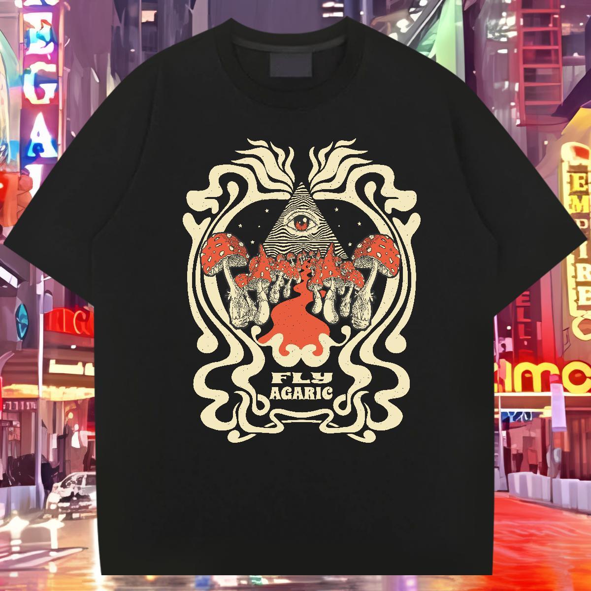 Factory Direct T Shirts Men 230g Pure Cotton mushroom Street wear Hip Hop Tees Short Sleeve O-Neck Unisex Couples T Shirts Black White