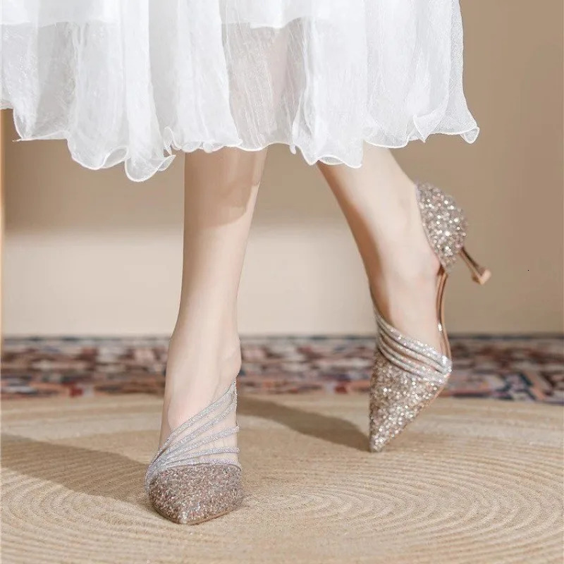 Sexy Pointed Toe Champagne Womens High Heels 2024 Sparkling Crystal Wedding Bridal Shoes Simple and Elegant Womens Dress Shoes 240802