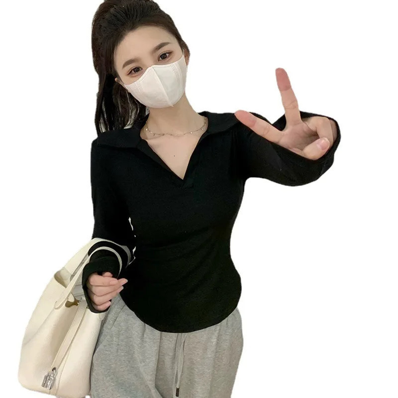 Spring Summer Polo Collar Short T-Shirt White Black Long Sleeve Slim Fit Casual Shirts Female Pullovers Basic Tee Y2k Clothes 240806