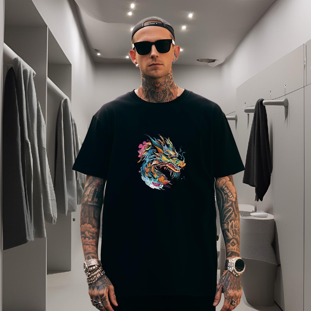 T Shirt For Man 230g Pure Cotton Colorful Dragon Head Hip Hop Street Breathable Crew Neck White Plus Size Couples T Shirts Custom Brand Wear