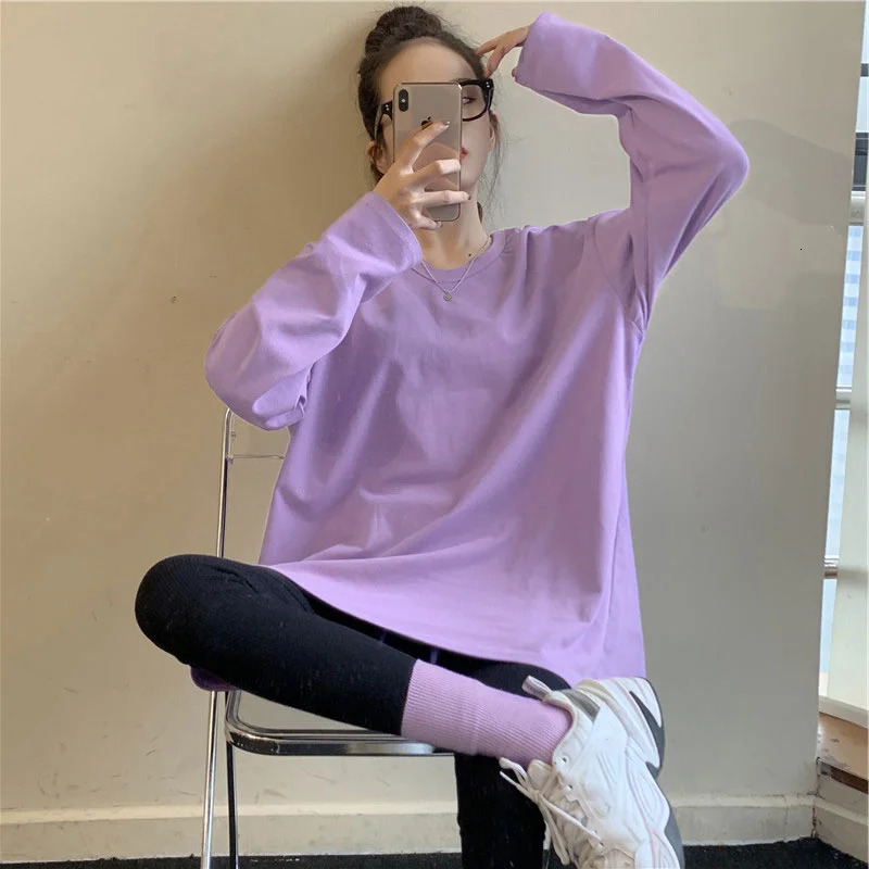 Summer womens Fashion Top Korean O-neck long sleeve purple T-shirt 240806