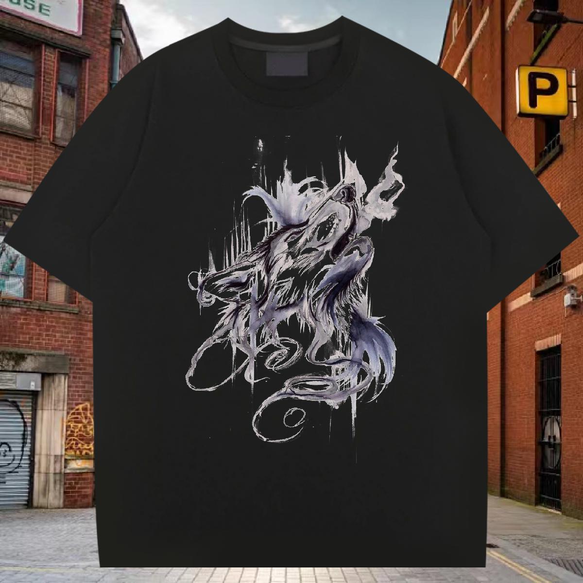 T-Shirts for Men 230g Pure Cotton wolf High Street Hip Hop Short Sleeve Soft Black White Men Tees Casual New High Quality Tshirts