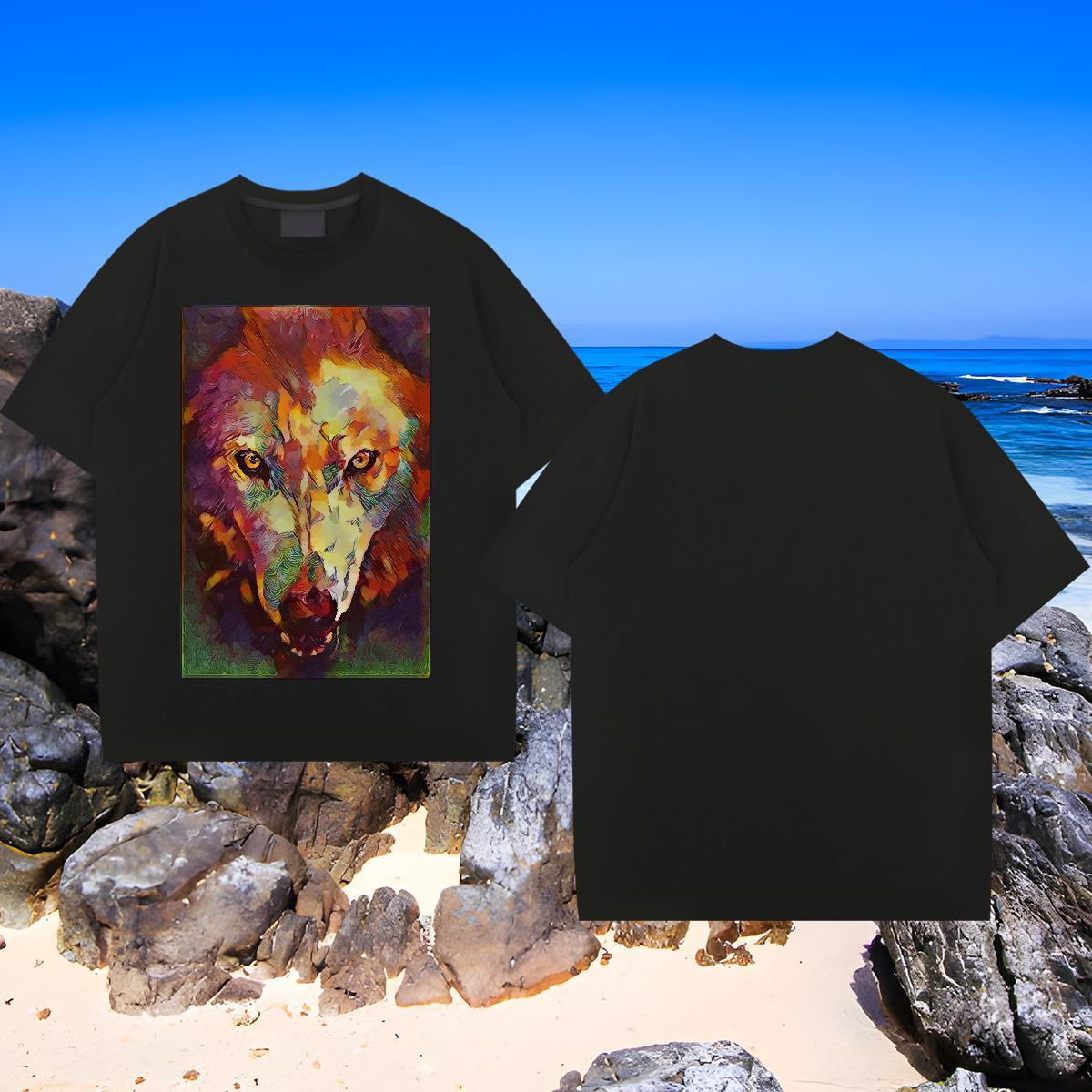 Classic Men Tops Tees 100% Cotton 230g wolf T-Shirts Daily Outfit Breathable Crew Neck Black White Classic Casual Clothes