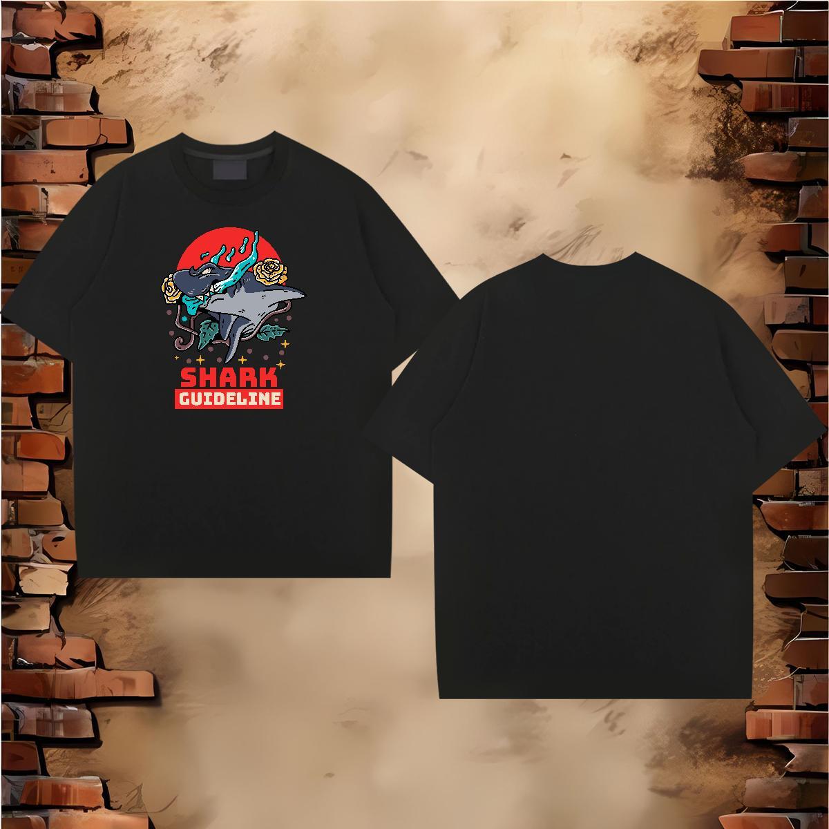 Free Shipping T Shirt For Man 230g Pure Cotton shark Hip Hop Street Wear O Neck Short Sleeves Loose Fit Men Clothes T-Shirt Custom Print Plus Size
