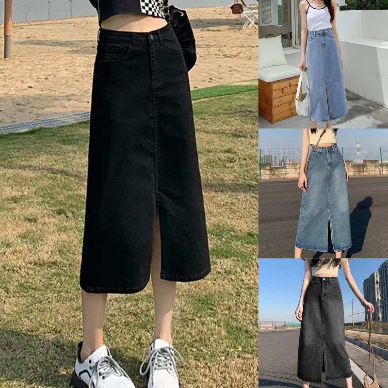 Spring Long Denim Skirt Vintage Women Solid High Waist A-LINE Slim Korean Style Jean Slit Midi Skirt Summer Fashion 240806