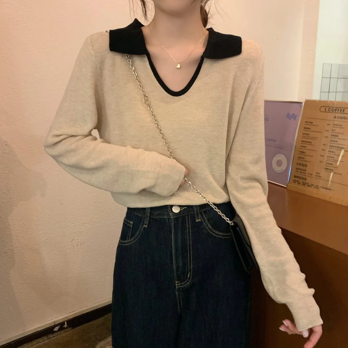 Womens autumn fashion polo neck compared to loose wool knitted long sleeved top Harajuku graphic T-shirt Y2k top 240827