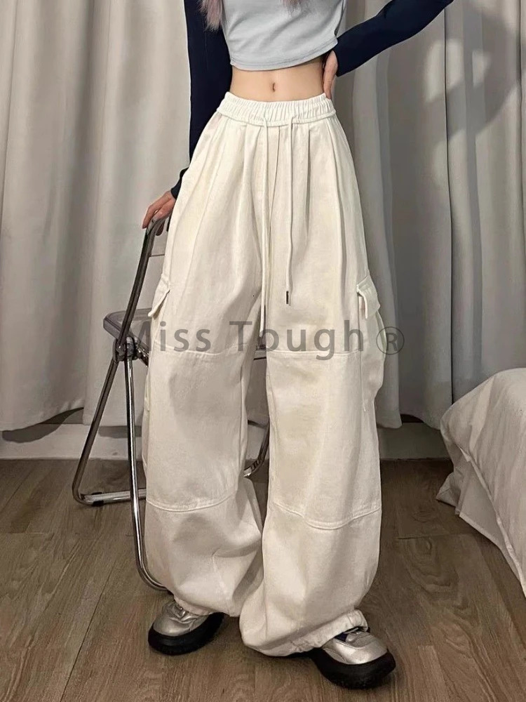 American Style Dance White Cargo Jeans Women Summer Pure Color Loose Leg Straight Trousers Female Street Y2k Leg Mopping Pants 240806