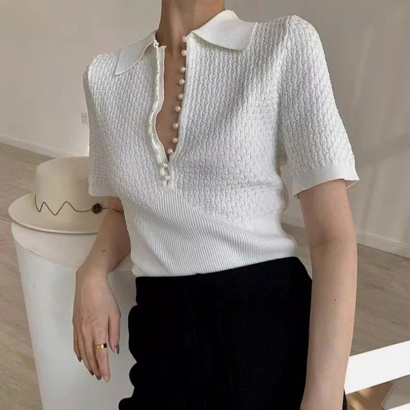 Summer Korean Version White All-match Knit T-shirt Women Fashion Turn-down Collar Short Sleeve Y2k Top Casual Chic Pullovers 240806