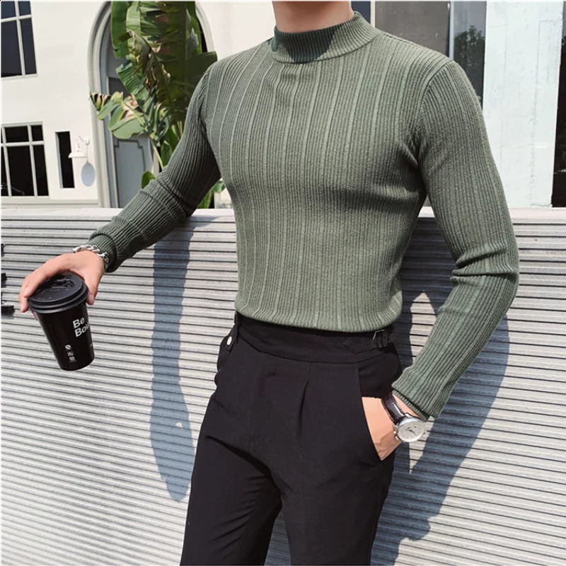 Plus Size 4XL-M Autumn Winter Half Turtleneck Stripe Sweater Men Elastic Knitting Pullover Korean Slim Solid Tight Sweater Tops 240729