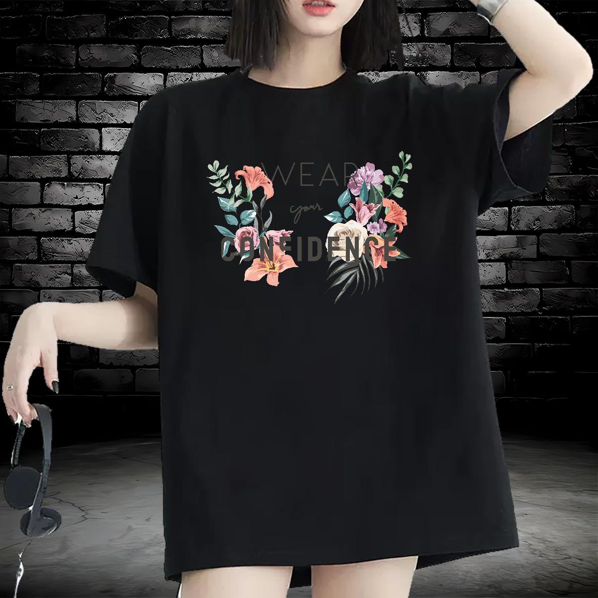 Wholesale Womens T Shirts Round Neck Short Sleeve Lady T shirt Floral Print flower Street Casual 100% Cotton 230g 2024 Casual Top Tees