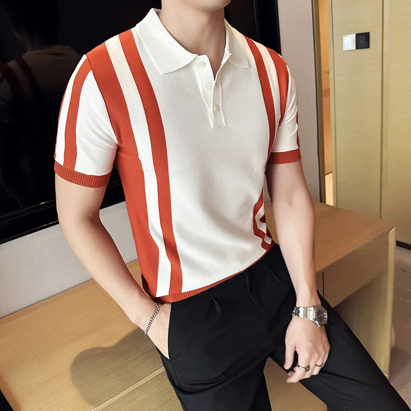 British Style Short Sleeved Polo Shirt Mens Summer Striped Slim Knit Shoulder Strap Business Tshirt 24
