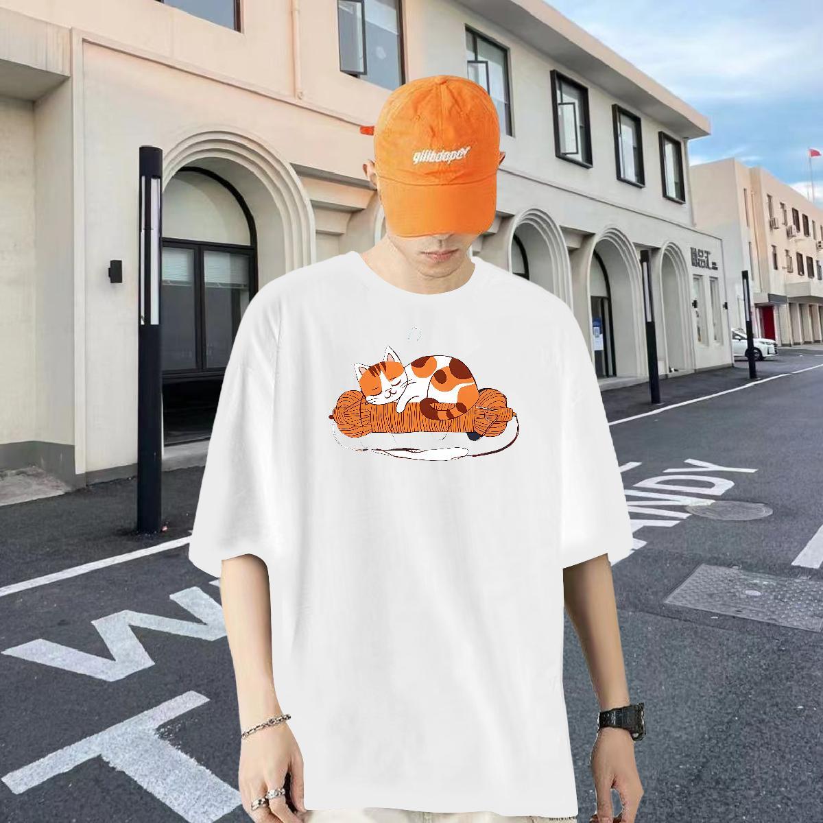 Fashion T-Shirts for Men 230g Cotton cat High Street Hip Hop Top Tees Breathable Crew Neck TOP Quality Men Tshirts White Plus Size