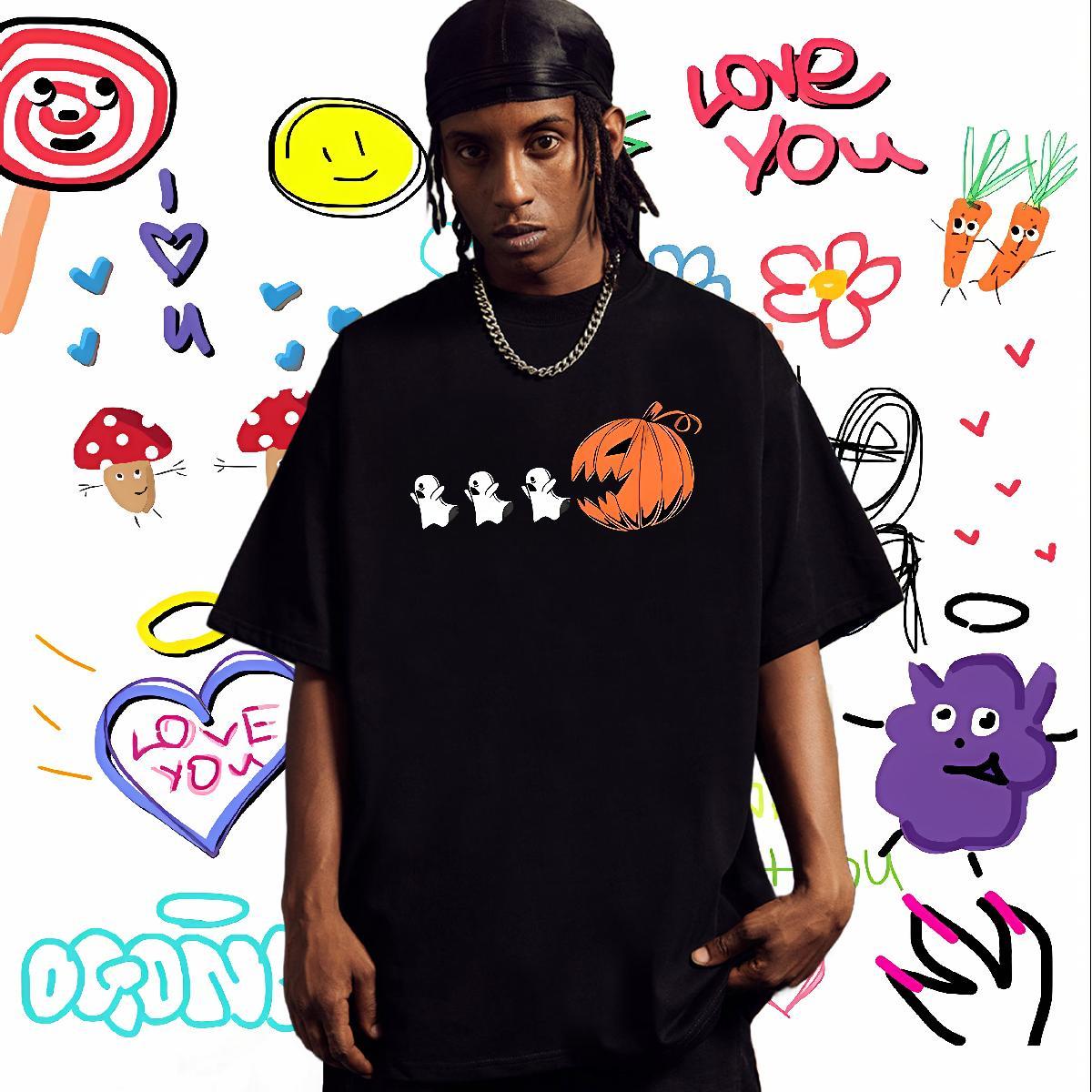 Designer T Shirts Men 100% Cotton 230g halloween Street Casual Tops Tees O Neck Short Sleeves High Quality Men Tops Tees DIY Anime