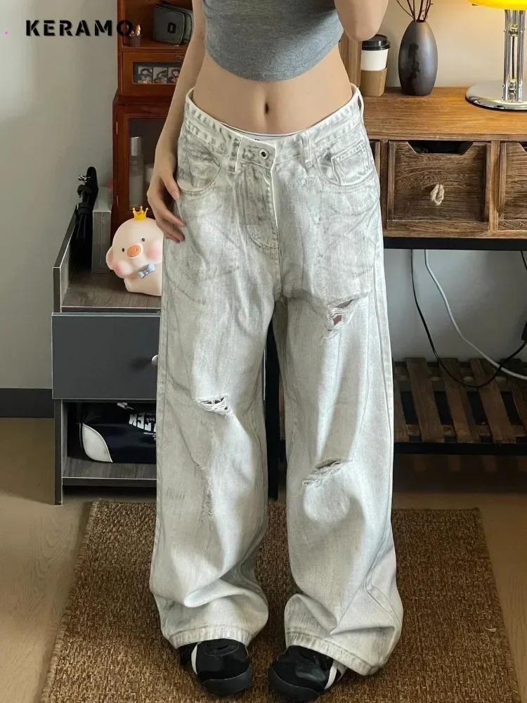 American Vintage High Waist Ripped Jeans Womens Casual Y2K Wide Leg Grunge Pants 2000s Baggy High Street Washed Denim Trouser 240806