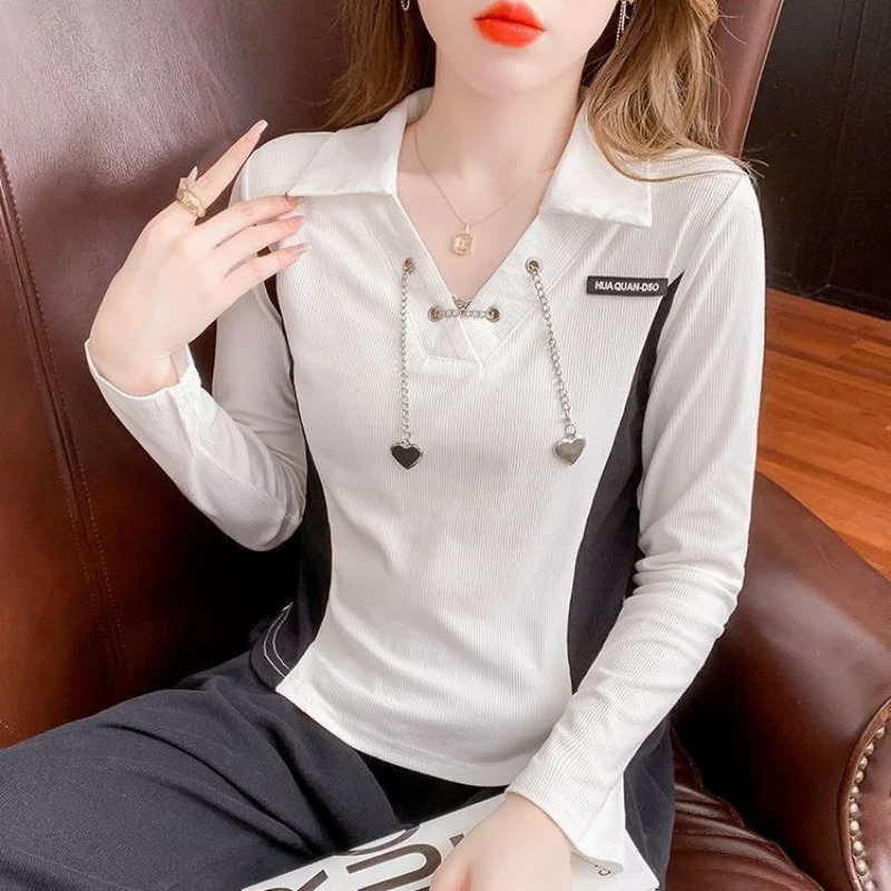 Spring Womens Polo Neck Tee Shirt Autumn Streetwear Clothes T Shirts for Women Long Sleeve Korean Fashion Clothing Casual Top 240806