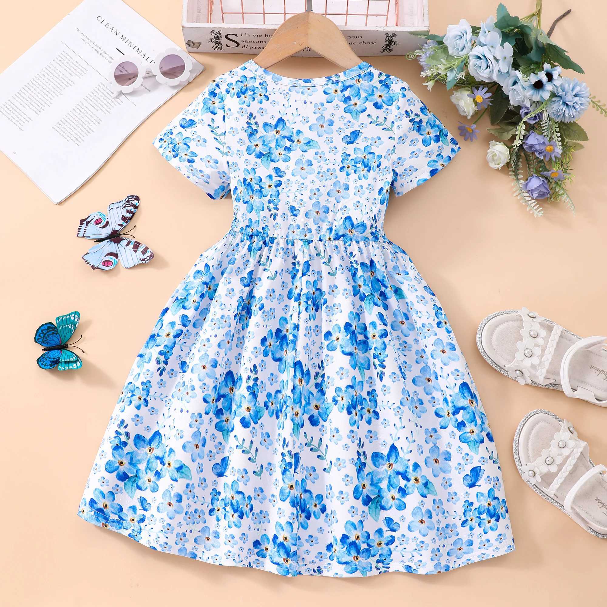 Floral Allover Graphic A-line dress for girls short sleeved casual dress for holidays/summer outingsW240720