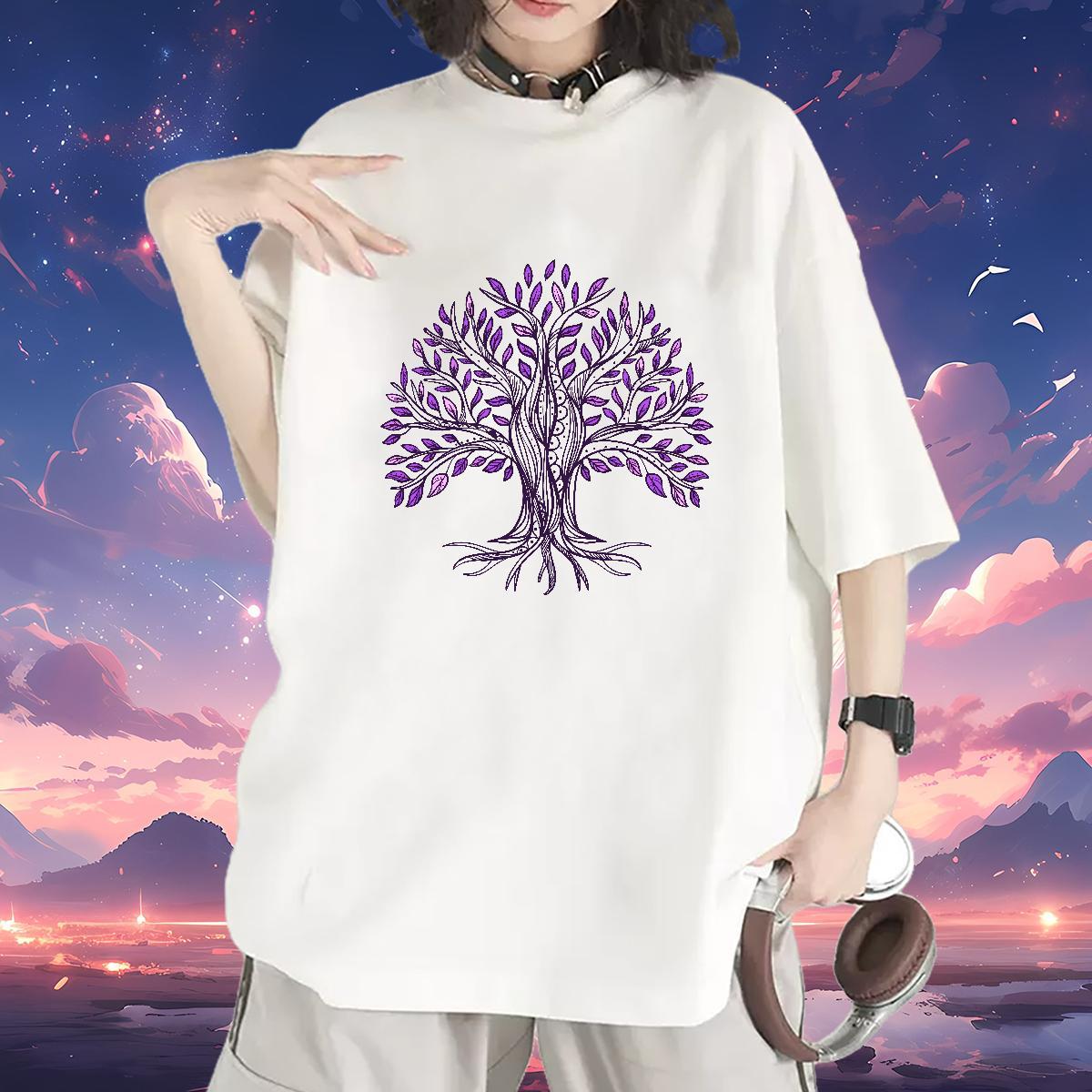 Loose fit T-Shirts for Women Breathable Crew Neck Womens Tshirts Anime Print tree Sports Casual 230g Pure Cotton Casual New Clothes