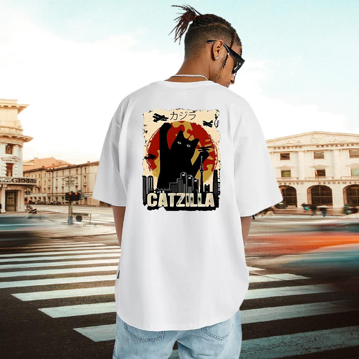 Fashion Casual T Shirts Men 230g 100% Cotton cat Daily Outfit Top Tees Crew Neck Loose Fit Couples T Shirts Floral Print