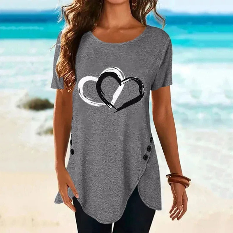 Womens Short-sleeve Heart Printed T-shirt Summer Casual Loose Long Top Tee Shirt Clothing Fashion T Shirt Streewear Oversized 240806