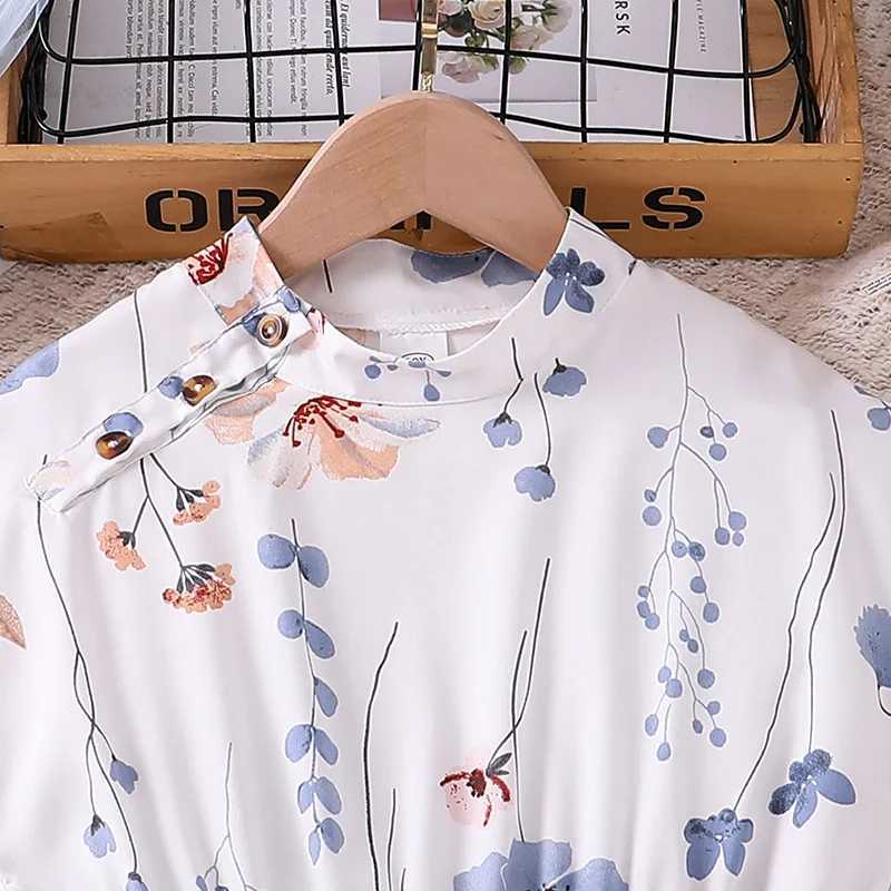 Childrens casual womens summer new childrens fashion floral print sleeveless white high waisted princess dress 7-14YW240720