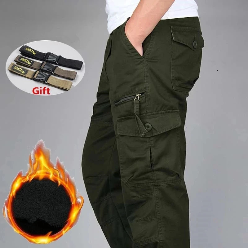Mens Cargo Pants Winter Outdoor Double Layer Fleece Warm Thick Military Style Long Trousers Men Multi Pocket Baggy Casual 240806