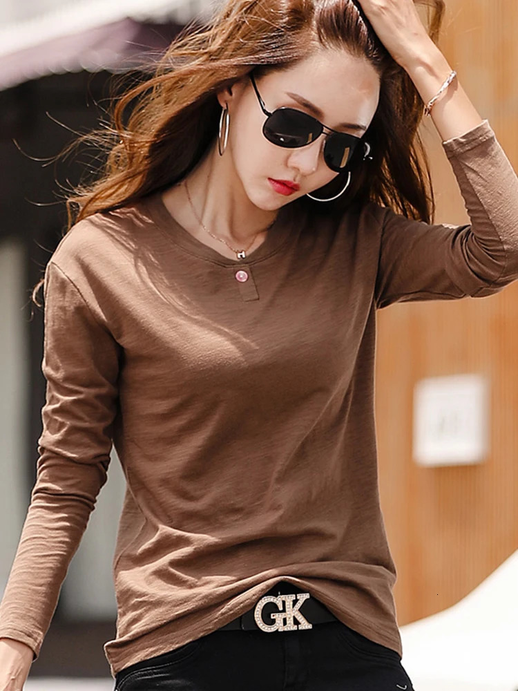 Long Sleeve Spring Women Slub Cotton T Shirts Female Button Green V-Neck Solid Color T-shirt Coffee Korean Soft Loose Tops 240806