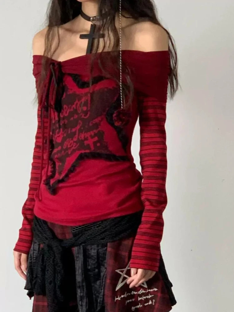 DEEPTOWN Japanese Y2k Off Shoulder T-shirt Women Harajuku Gothic Long Sleeve Vintage Red Stripe Star Graphic T Shirts Grunge 240806