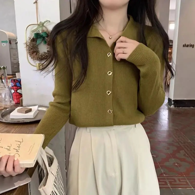 Summer Loose Casual Korean Retro Womens Shirt Solid Color Simple Button Collar Long Sleeve Y2K Fashion Top 240827