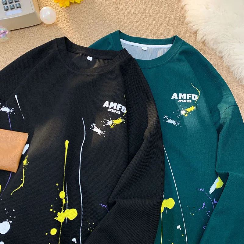 Ink Graffiti Sweatshirt Fashion Autumn Men Loose Waffle Sweatshirts Youthful Energetic Pullover Couple Clothing 240802