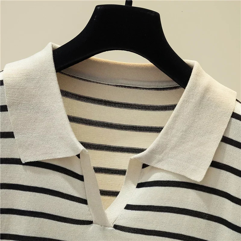Striped V-neck Pullover Polo Sweater Womens Early Autumn Casual All-match Tops Long-sleeved Knitted Bottoming Sweaters Jumpers 240806