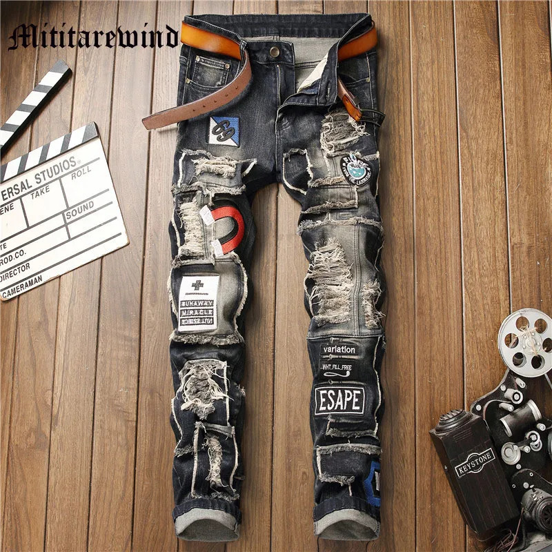 Men Jeans Vintage Washed Print Denim Trousers Stretch Casual Slim Pencil Pants Patchwork Cargo Pants Fashion Streetwear Skinny 240806