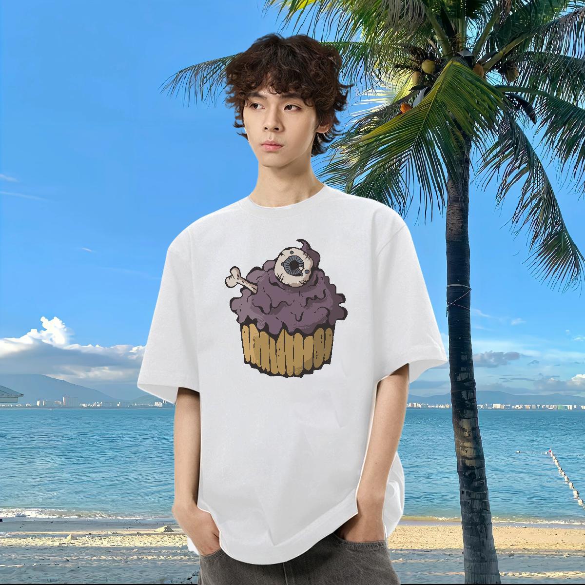 DIY Customized T-Shirts for Men 230g Cotton cake Sports Casual Tops Tees O Neck Short Sleeves Cool Men Tees Skull